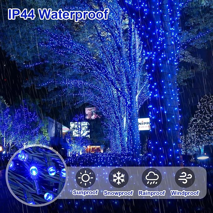 QITONG 2 Pack Blue Solar String Lights Outdoor Waterproof, Each 33ft 100 LED Christmas Light, 8 Modes Green Wire Blue Lights for Pool Garden Patio Yard Tree Party Wedding