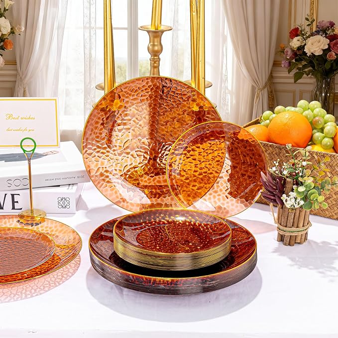 Rubtlamp 175 Pcs Plastic Dinnerware Set (25 Guests), Amber And Gold Plastic Plates, Hammered Party Plates Set Include Dinner Plates, Dessert Plates, Cups, Cutlery Set And Napkins for Wedding And Party