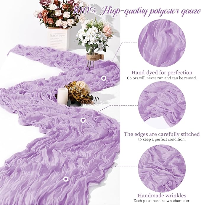 24 Packs Lilac Table Runner, Charming Cheesecloth Table Runner 17 x 108inch, Gauze Boho Wedding Decoration Rustic Sheer Fabric Cheese Cloth Table Runners for Wedding Party Bridal Shower