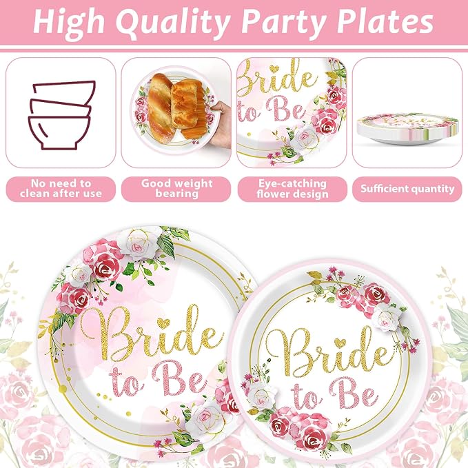 96Pcs Bridal Shower Party Decorations Floral Bride to Be Paper Plates Napkins Flower Pink Gold Wedding Tableware Set Supplies Disposable for Women Engagement Bachelorette Party Favors Serves 24