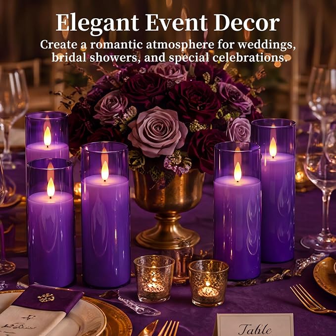 Homemory Purple Battery Operated Flameless Candles with Remote and Timer, Flickering LED Pillar Candles, Acrylic Decorative Candles for Home Decor, Weddings, Parties and Holidays, 9 Pack