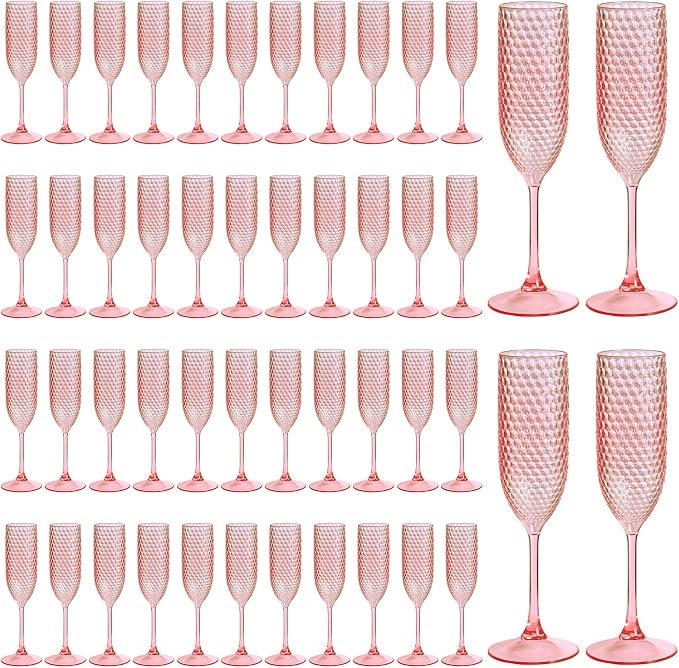 Pesonlook 48 Pack Plastic Champagne Glasses Pink Reusable Diamond Crystal Clear Wine Glasses Diamond Wine Cups Vintage Drinking Glasses for Wedding Reception, Grand Event Party Supplies