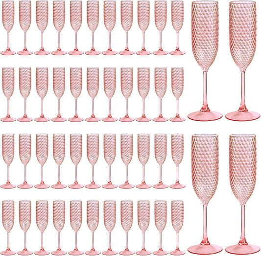 Pesonlook 48 Pack Plastic Champagne Glasses Pink Reusable Diamond Crystal Clear Wine Glasses Diamond Wine Cups Vintage Drinking Glasses for Wedding Reception, Grand Event Party Supplies