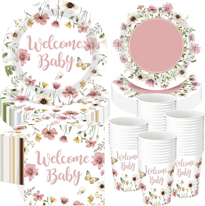 Pickmesh 250 Pcs Pink Floral Baby Shower Party Supplies Decorations Serve 50 Wildflower Welcome Baby Disposable Paper Plates Napkins and Cups for Birthday Babies Girl Shower Gender Reveal Party Decor