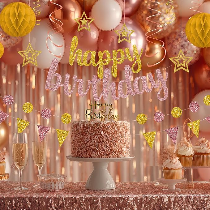 Rose Gold and Gold Birthday Party Decorations Set - Happy Birthday Banner Balloons Foil Curtains Hanging Swirls for Women Girls Birthday Party Supplies
