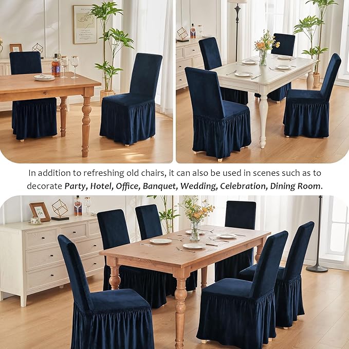 NICEEC Spandex Chair Covers for Dining Chairs Covers Set of 2 Removable Dining Room Chair Covers with Skirt Parson Chair Slipcovers Washable Chair Protector for Kitchen Wedding Party(Navy Blue)