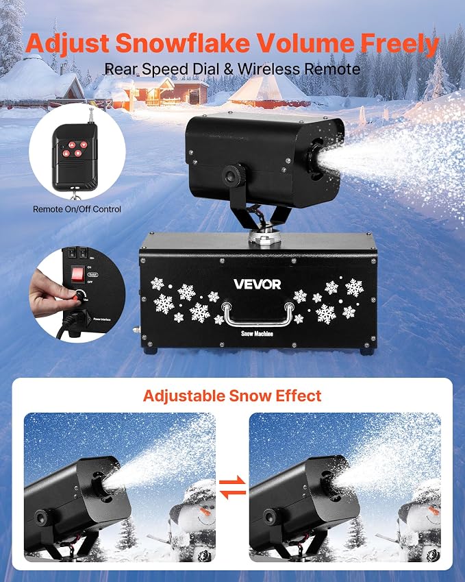 VEVOR Snow Machine, 1200W Powerful Fake Snow Maker with 90° Shaking Head, Wireless Remote Control, High Output Snowmaking Machine Coverage up to 12 ㎡ for Parade Christmas Wedding Party Stage Effect