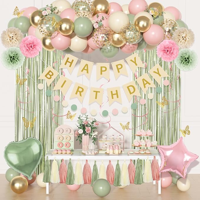 Pink and Green Birthday Decorations, Sage Green Pink Sand White Gold Balloons Happy Birthday Banner Fringe Curtains Butterfly Hanging Swirls Circle Dots Tassels Pompoms for Women Girls Party Supplie