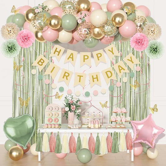 Pink and Green Birthday Decorations, Sage Green Pink Sand White Gold Balloons Happy Birthday Banner Fringe Curtains Butterfly Hanging Swirls Circle Dots Tassels Pompoms for Women Girls Party Supplie