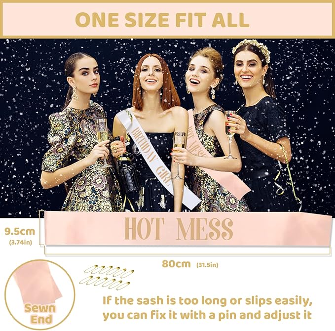 12Pcs Party Sashes Set, White Girl Sash + 11pcs Rose Gold Satin Sashes for Women's Birthday Party Gifts & Decorations