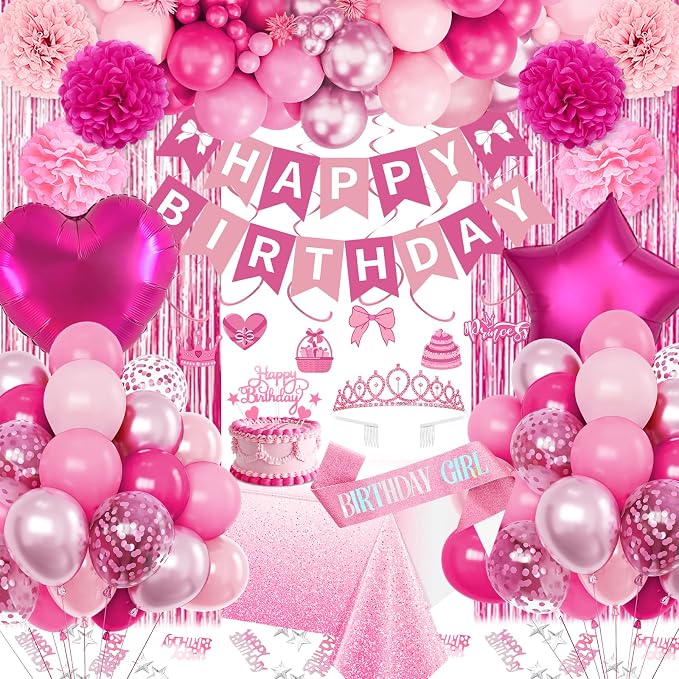 Hot Pink Birthday Decorations, Pink Party Decorations with Balloons Happy Birthday Banner Bday Sash Crown Tablecloth Fringe Curtain Hanging Swirl Heart Star Foil Balloons for Women Girls Bday Decor