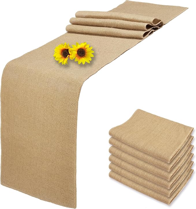 6 Pack 12 x 90 Inch Natural Burlap Table Runners,Rustic Jute Table Runner and Placemats Bulk for Western Wedding Table Decorations,Farmhouse Style Party,Holiday,Kitchen Coffee Table Decor Cover