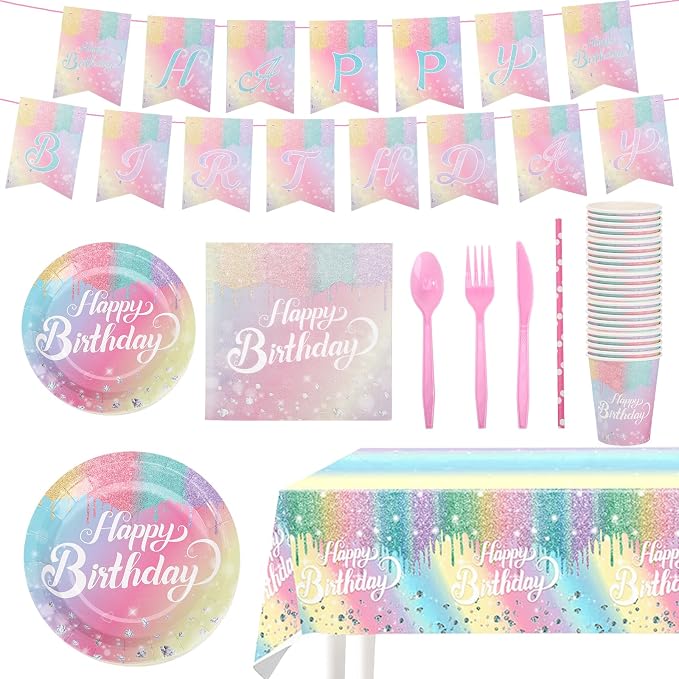 Rainbow Birthday Party Supplies 194 Pcs Disposable Party Decorations Includes Paper Plates, Napkin, Fork, Knives Spoons Cups, Tablecloth, Banner Straws for Mermaid Themed Events Serves 24