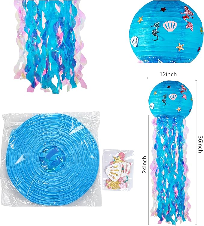 OBXT 12" Blue Jellyfish Lanterns - Mermaid Birthday Decorations, Under the Sea Party Supplies, Ocean Theme Hanging Jellyfish Decor for Classroom, Nautical Events, and Underwater Adventure (Set of 6)