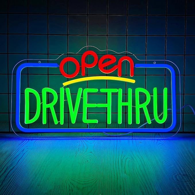 Drive Thru Open Neon Signs for Wall Decor LED Drive Thru Sign for Business for Fast Food, Electric Advertising Display Sign for Pizza Burger Business Shop Store Window Home Decor