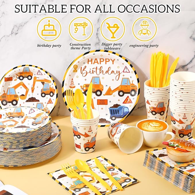 Uiifan 350 Pcs Construction Party Supplies Set Include 100 Plates 50 Paper Cups 50 Napkins 150 Plastic Silverware For 50 Guests Birthday Party Decorations Disposable Dinnerware Set (Dark Yellow)