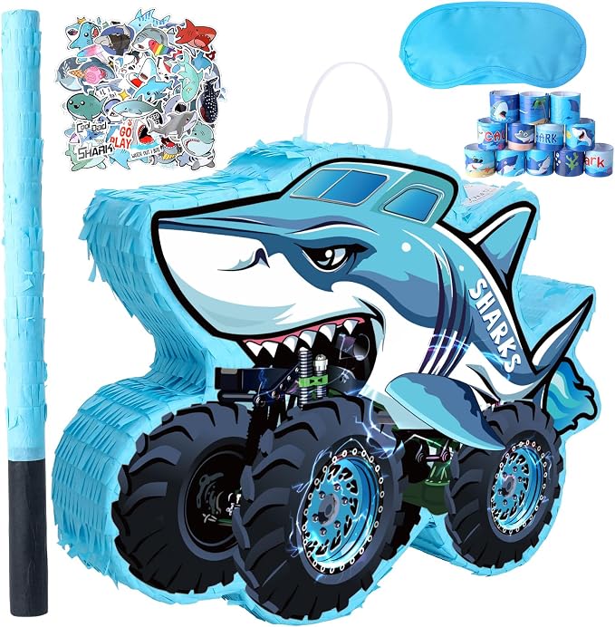 Shark Truck Pinata - Monster Truck Pinata with Blindfold and Bat for Birthday Parties, Monster Truck Pinata for Themed Decorations 16x12x3 Inches