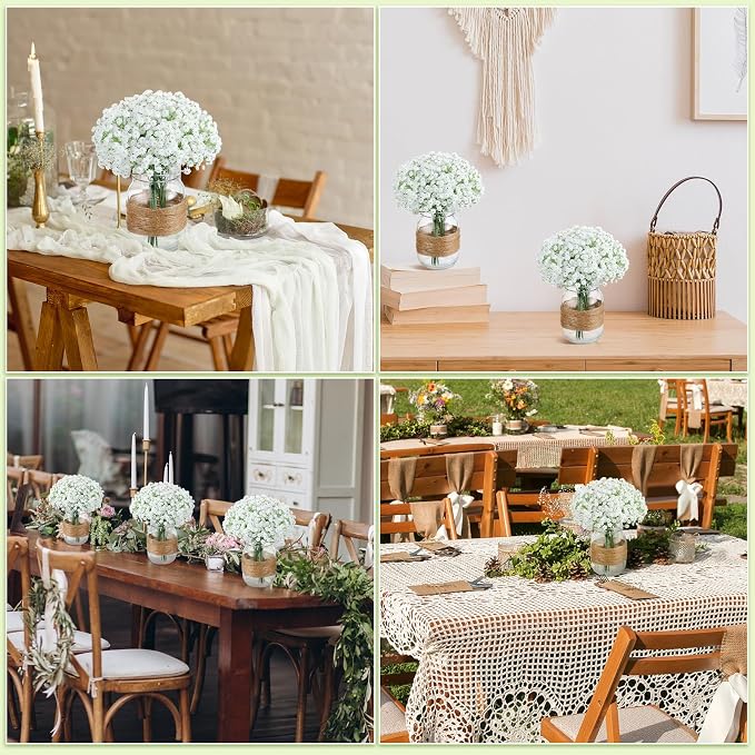 43 Pcs/ 6 Set Babybreath Mason Jar Table Centerpiece Mason Jar Vases Faux Floral with Rope Boho Rustic Flower Table Decoration for Reception Engagement Party Bridal Shower Wedding