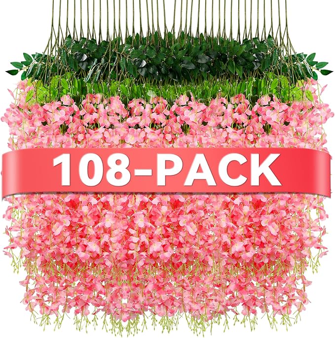 Alotiki 108 Pack Wisteria Hanging Flowers,108 Pack Fake Hanging Flowers,Wisteria Artificiales Garland for Home Wedding Arch Floral Party Garden Ceremony Outdoor Decor,3.6 Feet Long(108,Pink)