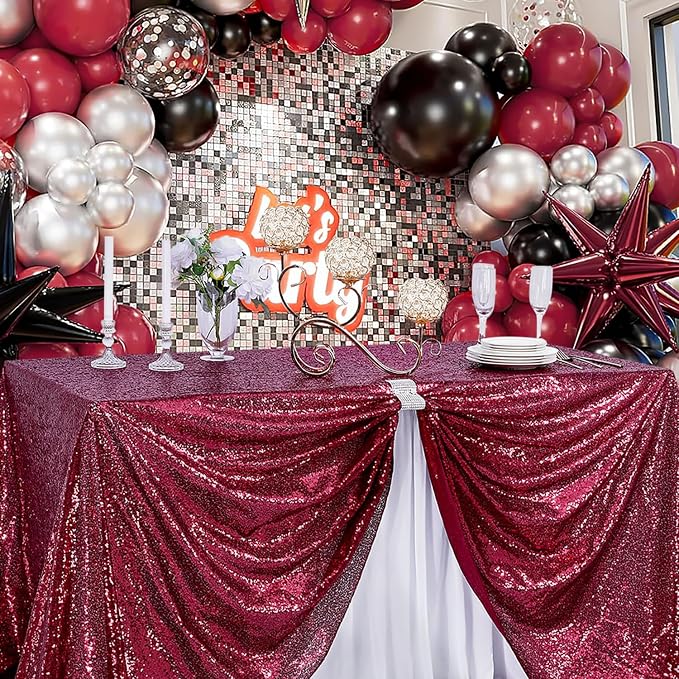 B-COOL Burgundy Sequin Tablecloth for Parties: Glitter Fabric 50x50 Inches Kitchen Linen for Square Head Centerpeices Party Decorations Christmas Decor