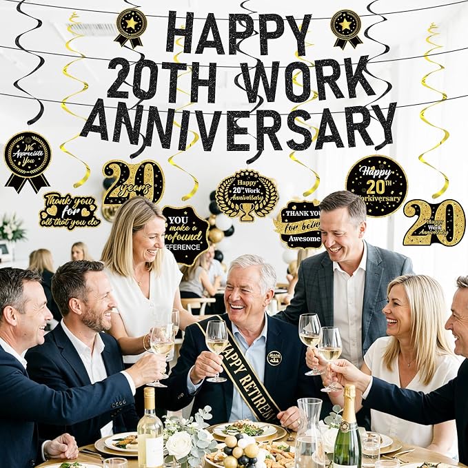 11pcs 20 Year Work Anniversary Decorations Black Gold Happy 20th Work Anniversary Banner Hanging Swirls Employee Appreciation Decorations Supplies 20 Year Workiversary Gifts for Employee Worker