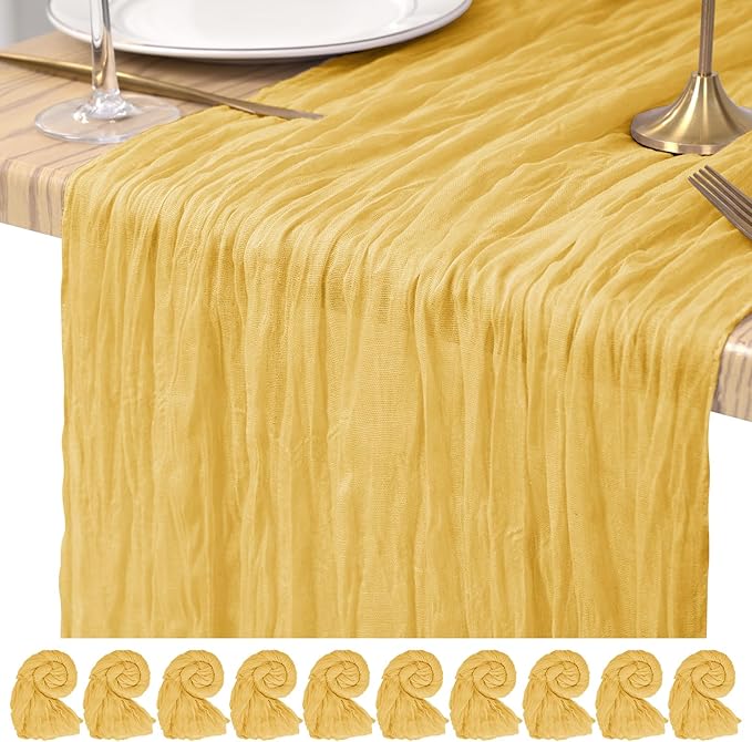 10 Pack Cheesecloth Table Runner Gold, Rustic Boho Gauze Fabric Table Runner Romantic Table Runner for Wedding, Festival, Birthday, Anniversary, Dinner and Outdoor Events (17.7 x 108 inch)