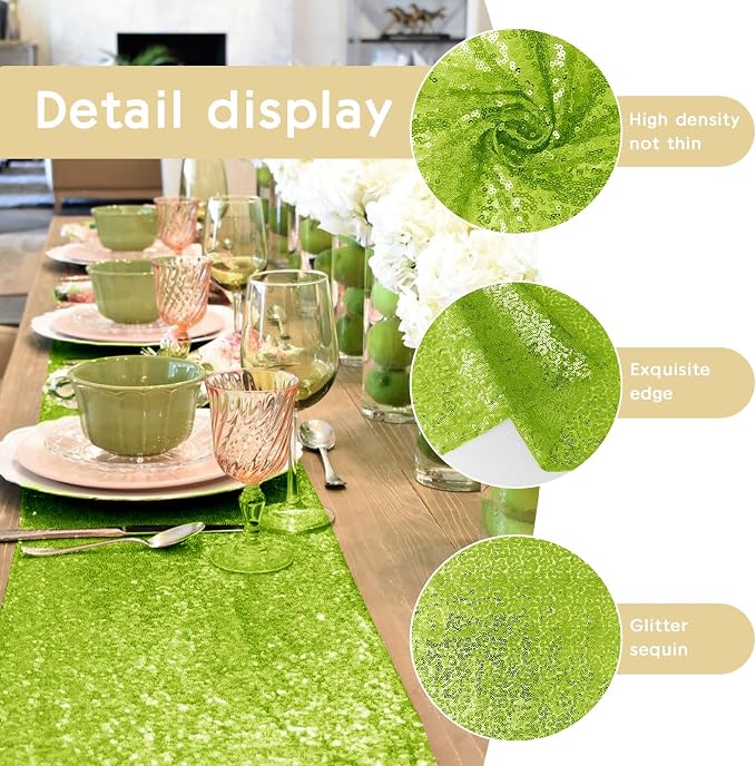 10 Packs 12 x 72 inches Sequin Table Runner, Apple Green Glitter Table Runner for Birthday Party Supplies Wedding Engagement Baby Shower Holiday Celebration Event Decorations