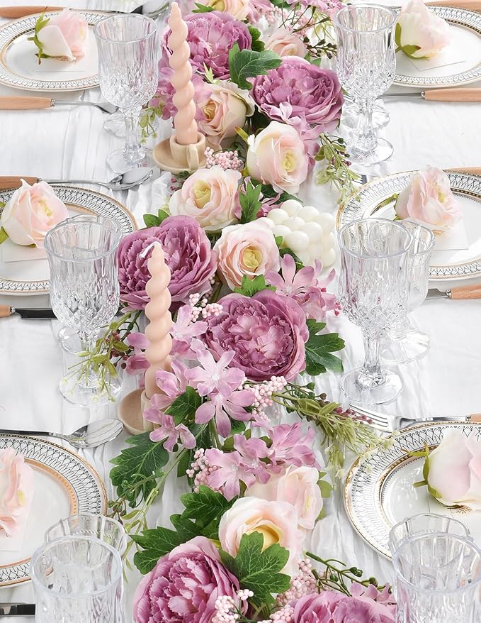 DearHouse 2Pack Artificial Peony Flower Garland - 6ft/Strand Silk Peony Garland with Pink Flowers for Wedding Party Table Decoration,Deep Ruby