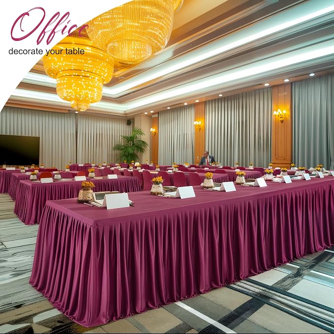 6 Packs Burgundy Polyester Table Clothes for 8 Foot Rectangle Tables, Wrinkle Free Fitted Table Cover 8ft Stretch Tablecloths with Skirt for Parties Weddings Birthday Banquet Baby Shower