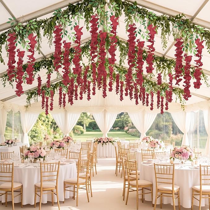 12Pack Burgundy Wisteria Hanging Flowers Vines 3.6ft Artificial Silk Flowers Fake Wisteria Bushy Garland Hanging Rattan String for Garden Home Wall Wedding DIY Party Decorations (Burgundy)