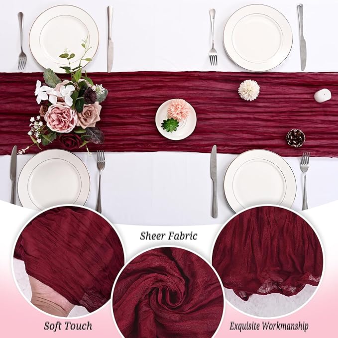 12 Pack Burgundy Cheesecloth Table Runner 120 inch Fall Thanksgiving Boho Rustic Gauze Farmhouse 10FT Cheese Cloth Runner for Baby Shower Wedding Party Holiday Home Decor