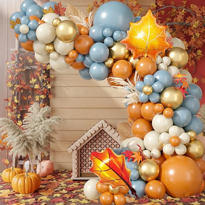 Fall Balloon Garland Arch Kit, Dusty Blue and Retro Orange Gold Confetti Balloons with Leaf Foil Balloons for Thanksgiving Party Autumn Fall Birthday Baby Shower Party Decorations
