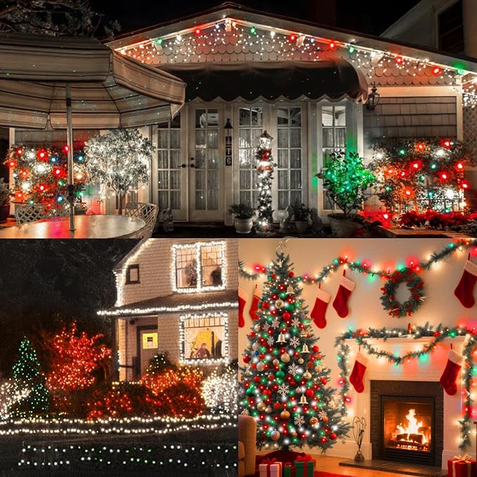 LAMPHOME 65.3ft Christmas Decorative Mini Lights, 200 LED Transparent Wire Fairy Starry String Lights Plug in, 16 Lighting Modes for Outdoor Xmas Tree Wedding Party Decoration (Red Green White)