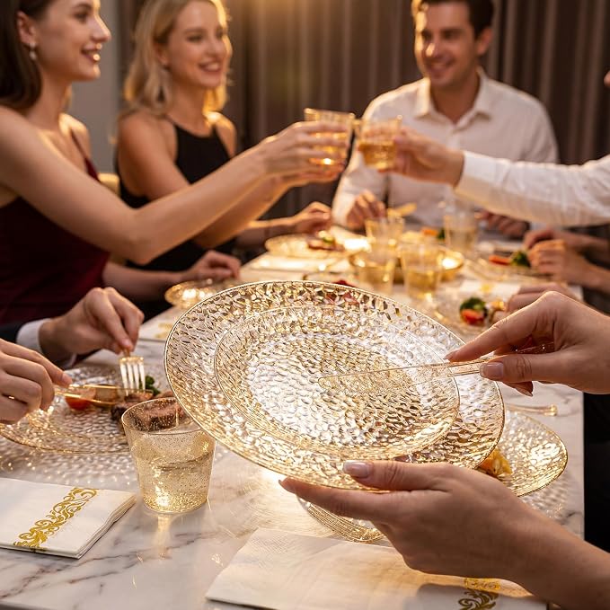 Rubtlamp 175 Pcs Gold Glitter Plastic Plates, Hammered Disposable Plates Set (25 Guests), Glitter Dinnerware Set Include 50 Plastic Plates, 75 Glitter Silverware, 25 Cups And 25 Napkins for Party