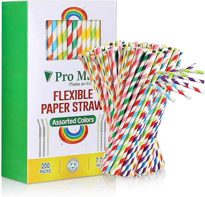 Pro Mael Paper Drinking Straws, Flexible Straws for Juices, Shakes, Smoothies, Disposable Straw for Birthdays, Weddings & Party (200 Pack, Assorted Colors)