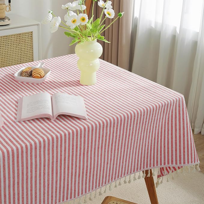 meioro Tablecloth Striped Fringe Table Cloth Rectangular Tablecloths Cotton Linen Table Cover for Dining Coffee Buffet Kitchen Picnic Use(55x102 Inch, Red)