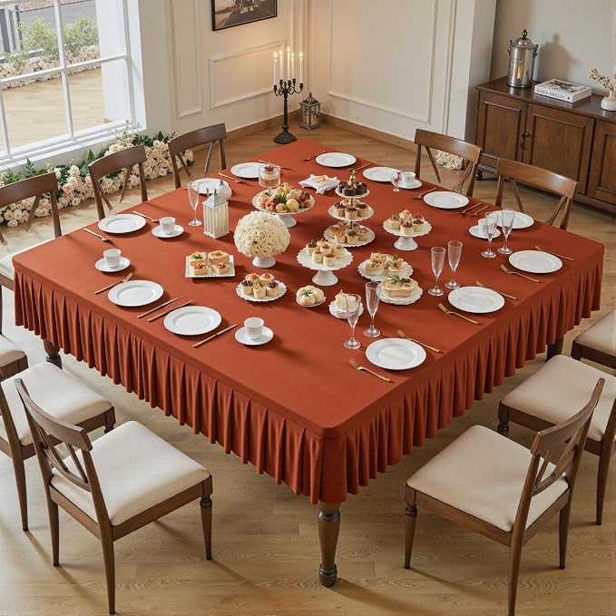 Wish Care Rust Spandex Tablecloths for 60x60 Inch Square Tables, Stretch Fitted Table Clothes with Pleated Ruffle Skirt for 60” Table, Wrinkle Free and Elastic, for Party Kitchen Home Dining