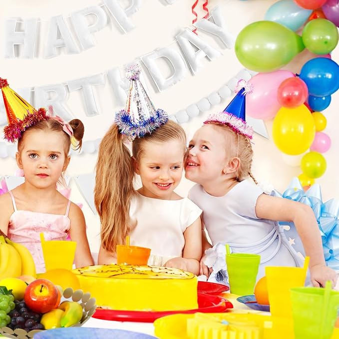 CANREVEL Pre-Strung 3D Rainbow Happy Birthday Banner, 3 PCS Happy Birthday Felt Sign, Pom Pom Garland, Triangle Fabric Bunting, Colorful Reusable Birthday Decorations for Women Men Girls Boys, White
