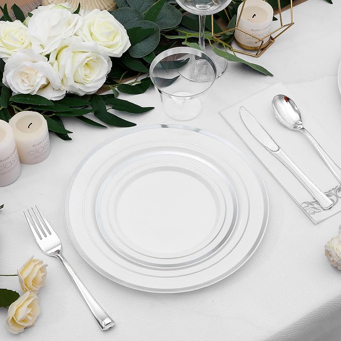350-Piece Silver Rim Plastic Dinnerware Set for 50 Guests, Elegant Disposable Dinnerware for Party, Wedding, Includes Dinner Plates, Dessert Plates, Silverware, Napkins, Cups