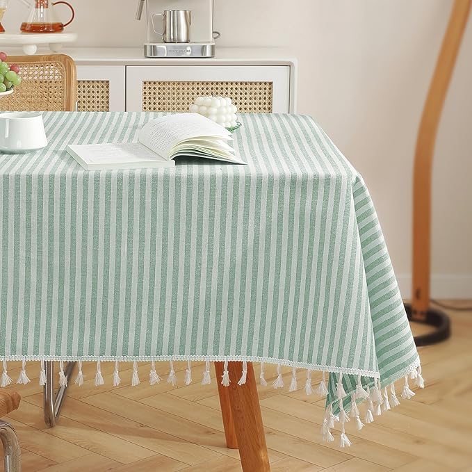 meioro Striped Tablecloth Rectangle Tablecloths Cotton Blend Table Cloth Washable Tabletop Decorative Fabric Table Cover for Kitchen Dinning (Green, 60 x 60 Inch)