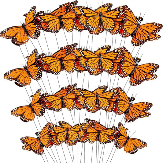 Lyrow 72 Pcs Monarch Butterfly Decorations 4 Size Artificial Feather Butterfly Decor on Picks Crafts with Wire for Spring Wall Flower Party Home Decor(Orange)