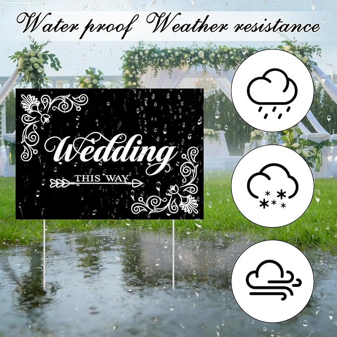 2 Pcs Wedding Reception Signs with 6 White Balloons, Set of 2 Double-Sided Directional Arrow Yard Signs with Metal Stakes, Waterproof Plastic Outdoor Decor Kit for Ceremony and Parking