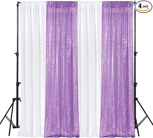 VitalCozy 4 Panels Backdrop Curtains 2 Pcs 4 x 10 ft Sequin Glitter 2 Pcs 7 x 10 ft Chiffon Photo Background Curtains for Graduation Wedding Birthday Party Decorations(White, Purple)