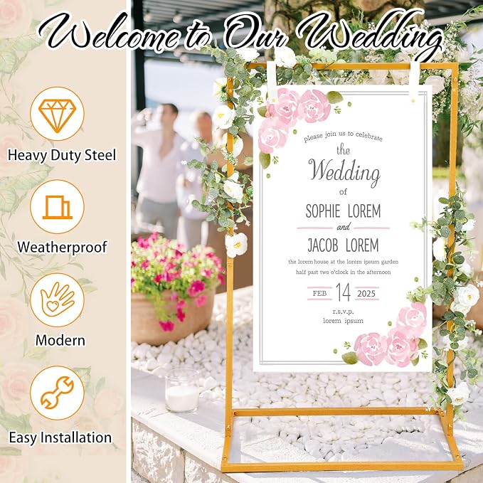 MorningRo Wedding Welcome Sign Stand 50”x30”x20” Welcome to Our Wedding Sign Holder with 2 Leather Straps Easel Stand for Signs Metal Display Poster Holder for Ceremony Party(White, Gold)