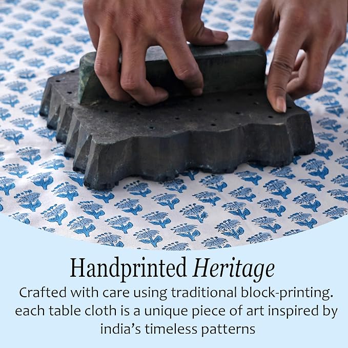 CPC Tablecloth 100% Cotton 70x118 Inch Indian Block Print Rectangle Table Cover, Table Cloth for Weddings, Spring/Summer, Barbeque - Apatite Blue