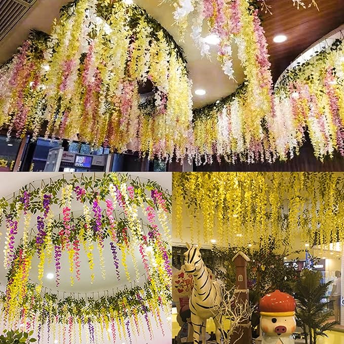 48 Pack Wisteria Hanging Artificial Flowers Fake Flowers Ratta Hanging Garland Silk Flowers String for Home Garden Party Wedding Backdrop Arch Decor (Yellow)