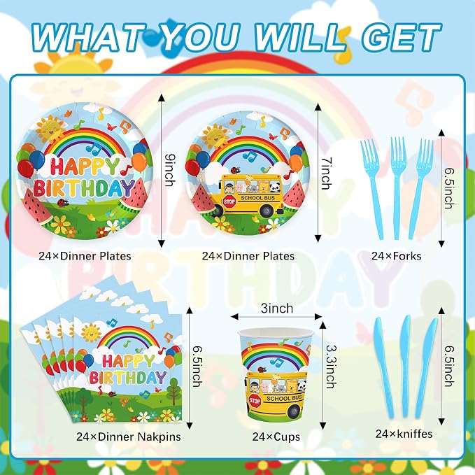 120PCS Cartoon Melon Birthday Party Supplies for Boys and Girls 1st 2rd Birthday Party School Bus Rainbow Watermelon Tableware Set Napkin Cups Forks Knives for 20 Guests