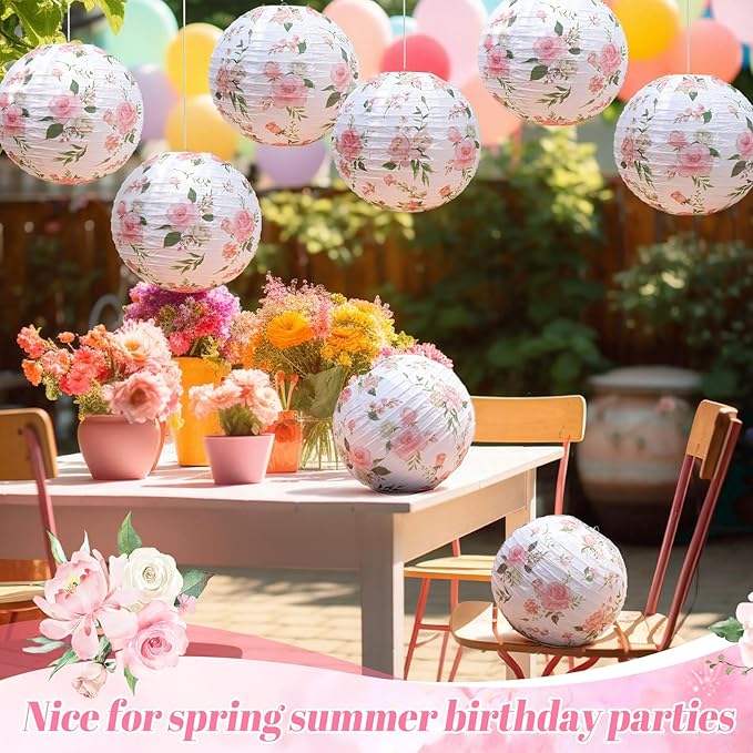 Honoson 12 Pcs Pink Rose Paper Lanterns Spring Floral Party Decorations Hanging 10 Inch Chinese Lanterns for Wedding Bridal Shower Baby Shower Tea Party Decorations
