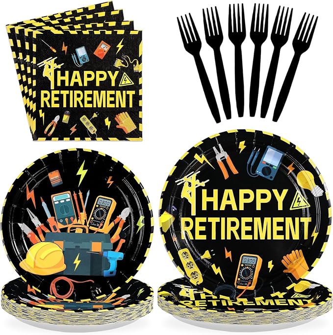 96Pcs Electrician Retirement Graduation Party Decorations Electrician Lineman Plates and Napkins Lineman Tools Decoration for Man Congrats Grad Construction Builder Carpentry Party Supplies Serves 24