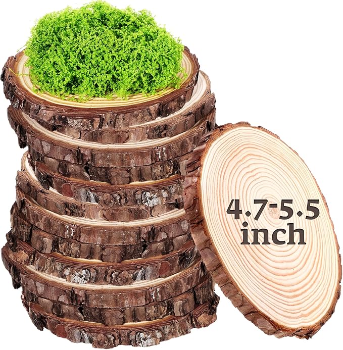 Nuanchu 14 Pack Wood Table Centerpieces with Rustic Wood Slices and Artificial Fake Green Moss for Wooden Fairy Wedding Woodland Table Decor Ideal DIY Crafts (4. 7-5. 5'')